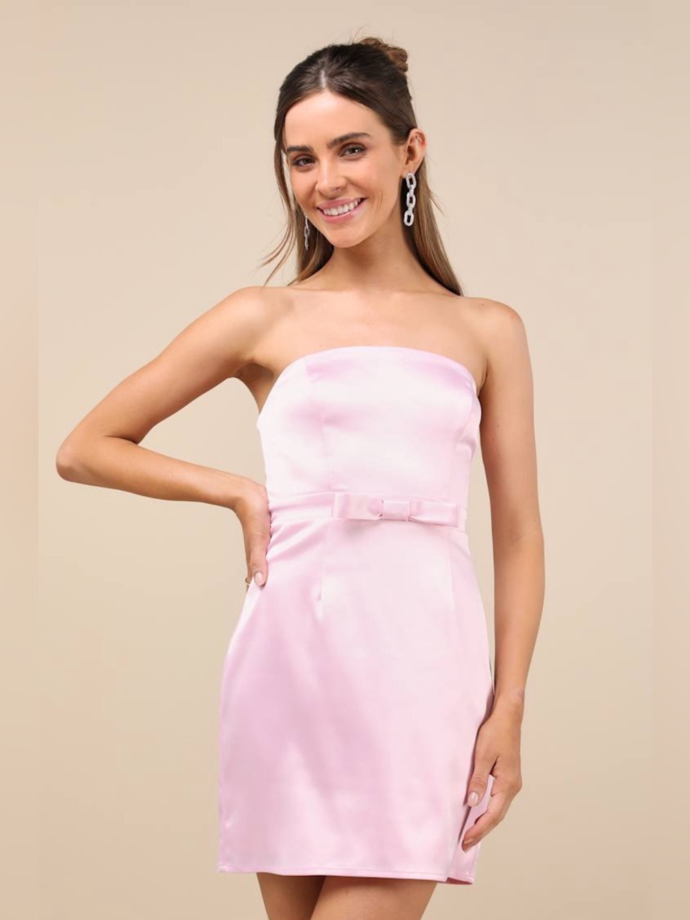NWT Lulus Adorable Chicness Light Pink Satin Strapless Bow Mini Dress